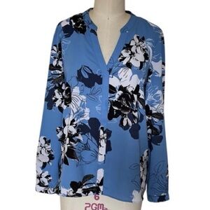 Jennifer Lopez Medium Blue Floral Blouse Top Shirt $48 Artsy Casual Office Work